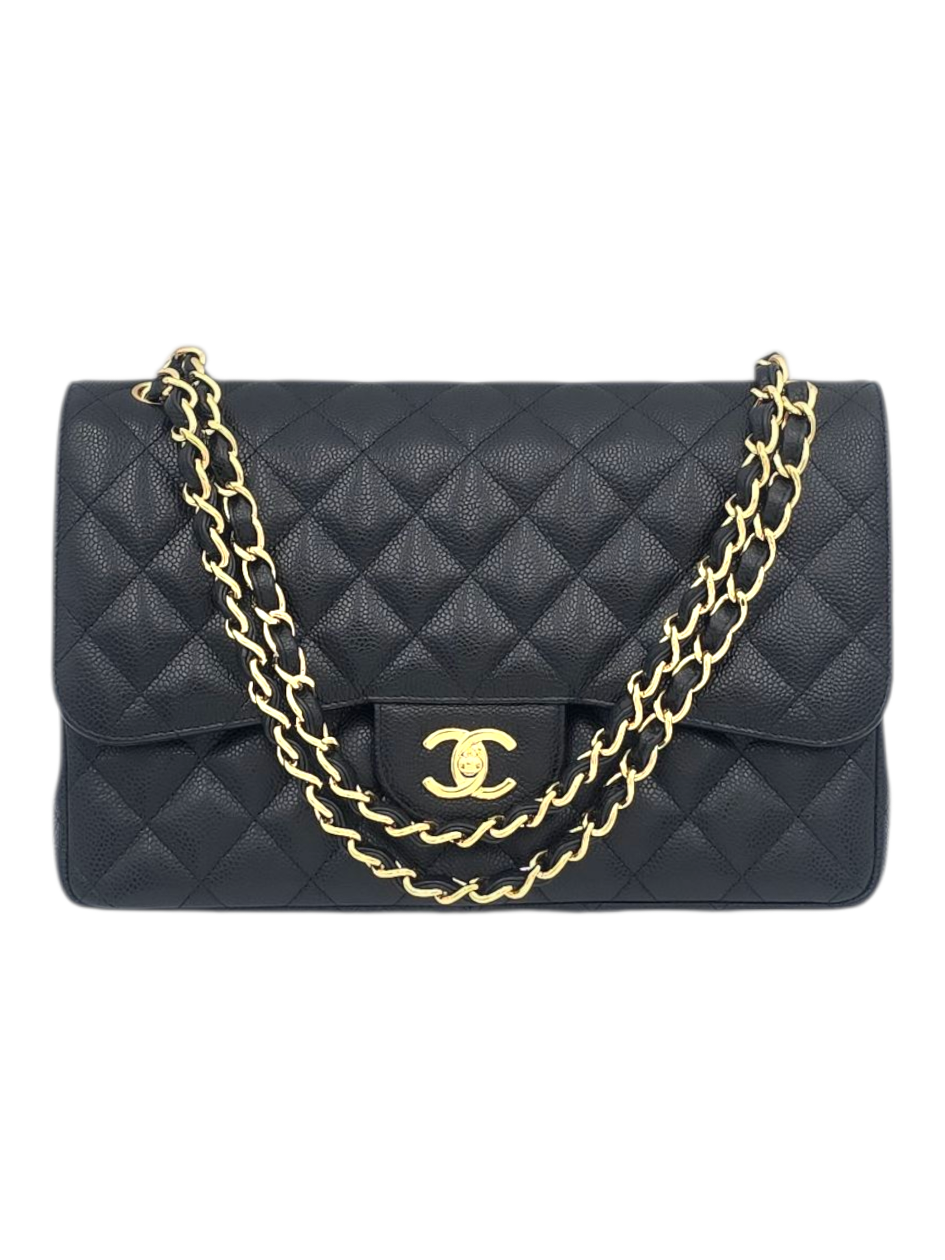 Classic Jumbo Black Shoulder Bag in Caviar Leather, Gold hardware