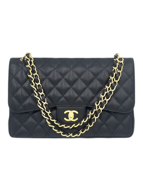 Classic Jumbo Black Shoulder Bag in Caviar Leather, Gold hardware