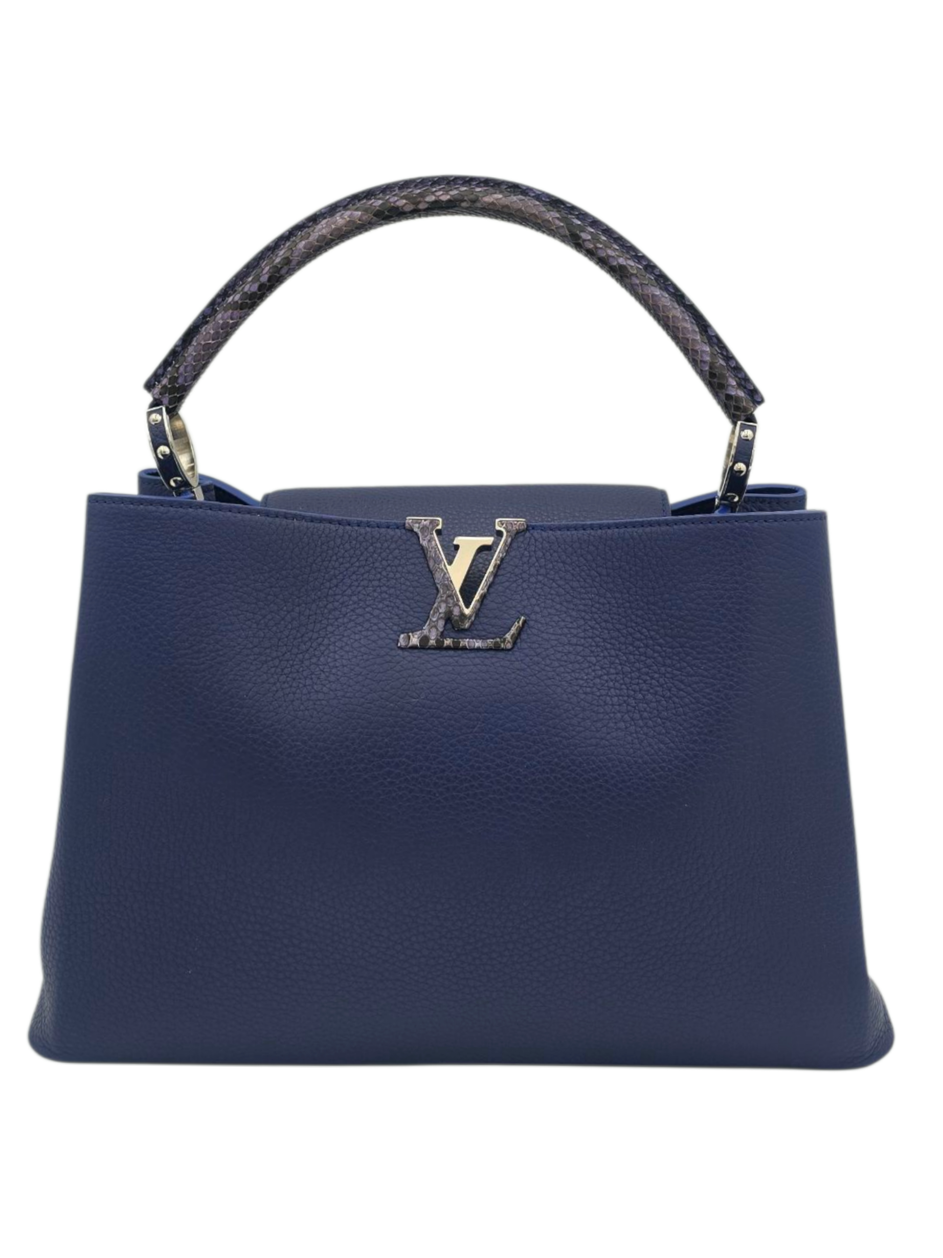 Capucines Top Handle Bag GM Blue in Calfskin with Python leather, Silver hardware