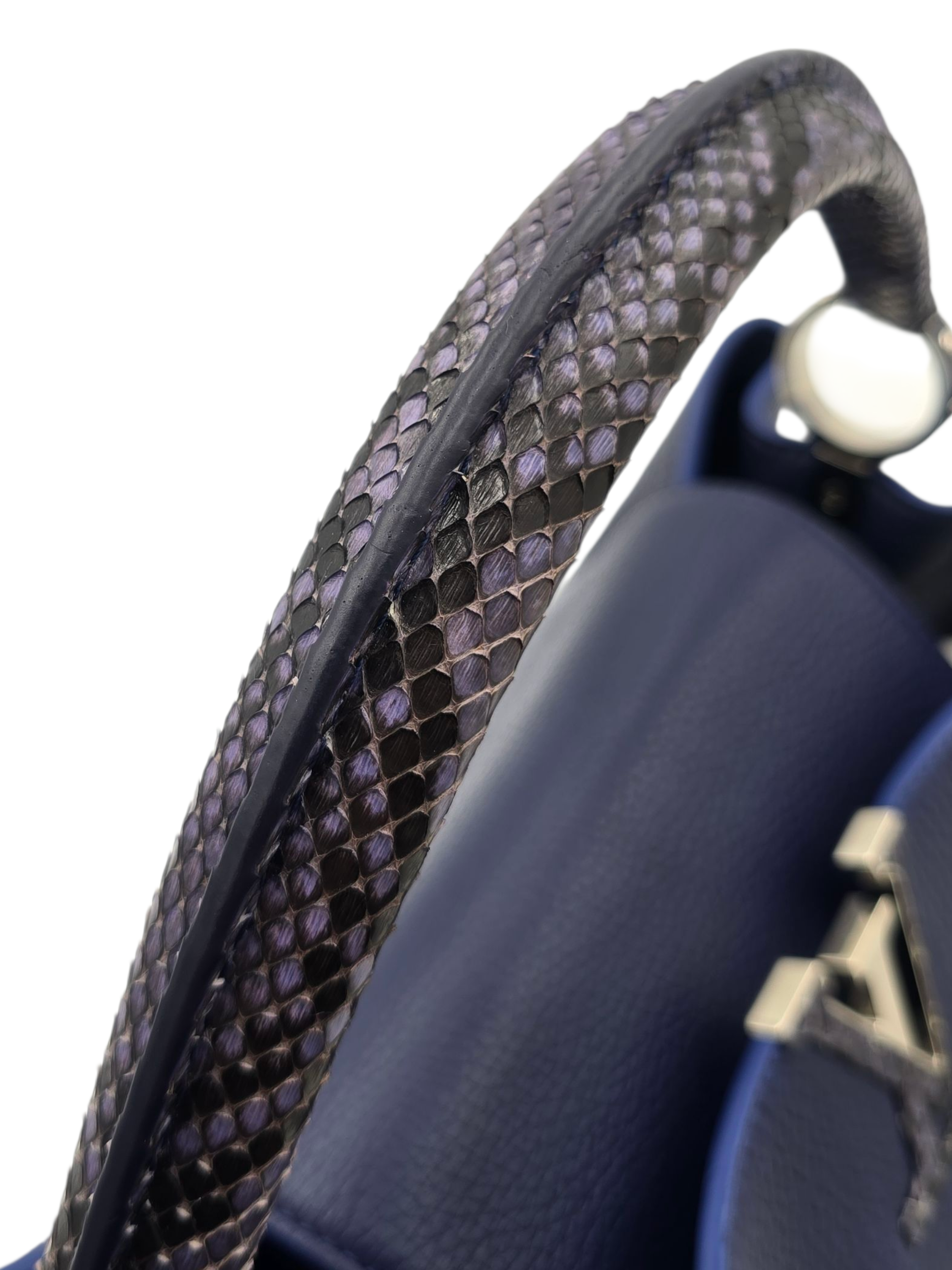 Capucines Top Handle Bag GM Blue in Calfskin with Python leather, Silver hardware