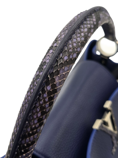 Capucines Top Handle Bag GM Blue in Calfskin with Python leather, Silver hardware