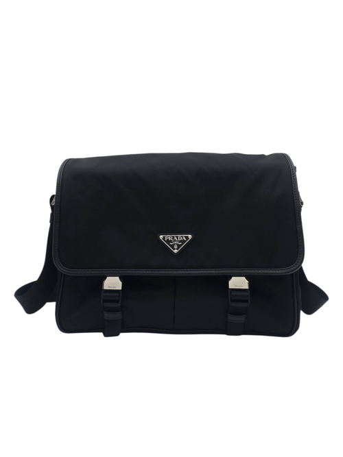 Re-Nylon Black Shoulder Bag in Saffiano Leather, Silver hardware