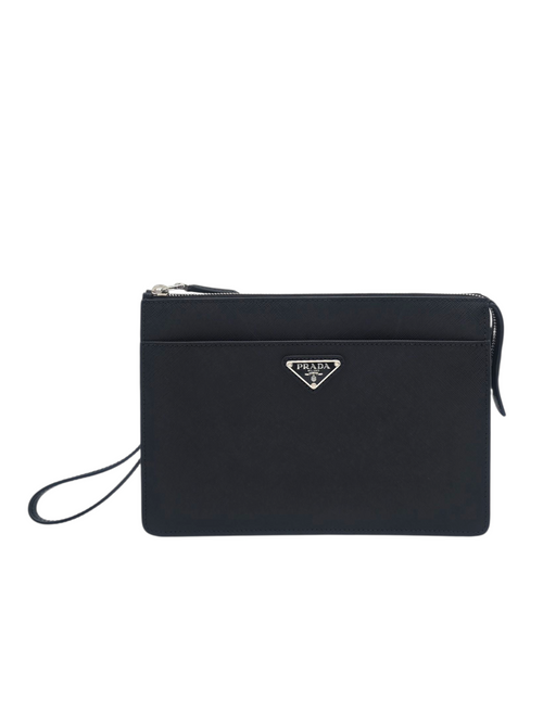 Logo Black Clutch in Saffiano Leather, Silver hardware