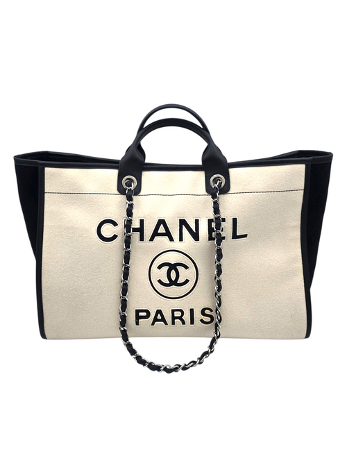 Deauville Shoulder Bag GM White / Black in Wool / Felt, Silver hardware