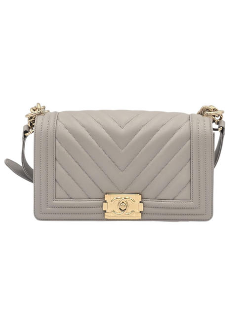 Boy Medium Grey Shoulder Bag in Caviar Leather, Gold hardware