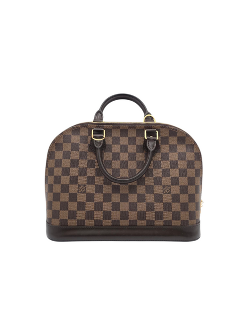 Alma MM Brown Top Handle Bag in Damier Ebene, Gold hardware