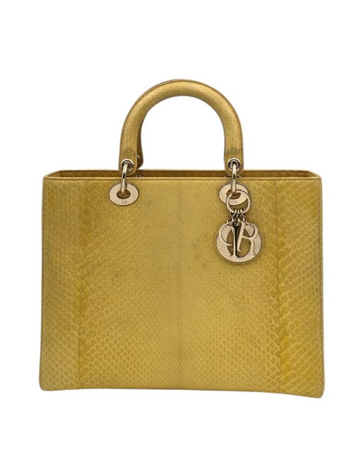 Lady Dior Large Yellow Top Handle Bag in Python Leather, Silver hardware