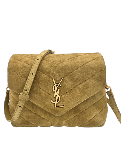 Toy Loulou Puffer Green Shoulder Bag in Suede Leather, Gold hardware
