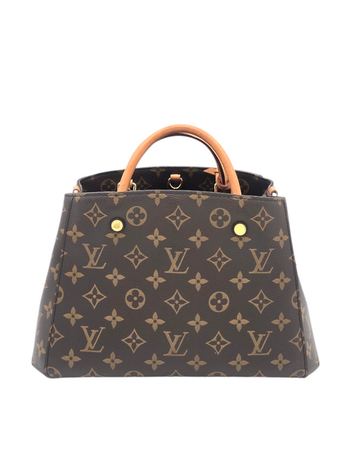 Montaigne BB Brown Top Handle Bag in Monogram Coated Canvas, Gold hardware