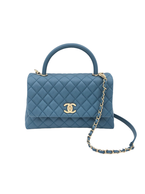Chanel Coco Handle Quilted Medium Blue Shoulder Bag in Caviar Leather, Light Gold hardware