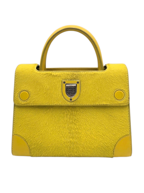 Diorever Mini Yellow Top Handle Bag in Calf Hair, Silver hardware