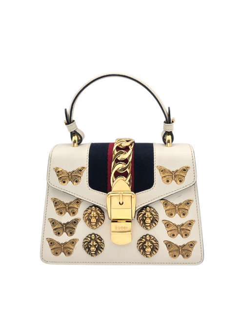 Animalier Sylvie Stud Embellished Mini White Top Handle Bag in Calfskin, Gold hardware