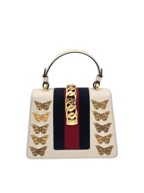 Animalier Sylvie Stud Embellished Mini White Top Handle Bag in Calfskin, Gold hardware
