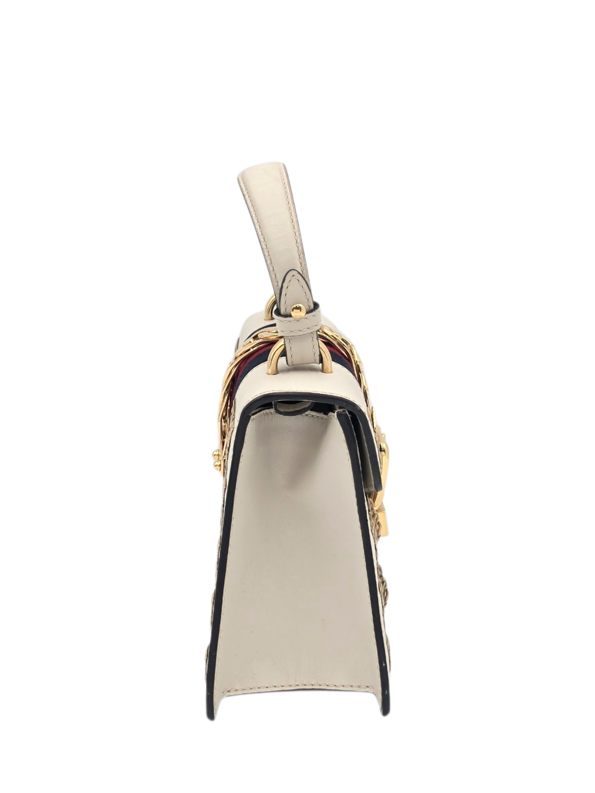 Animalier Sylvie Stud Embellished Mini White Top Handle Bag in Calfskin, Gold hardware