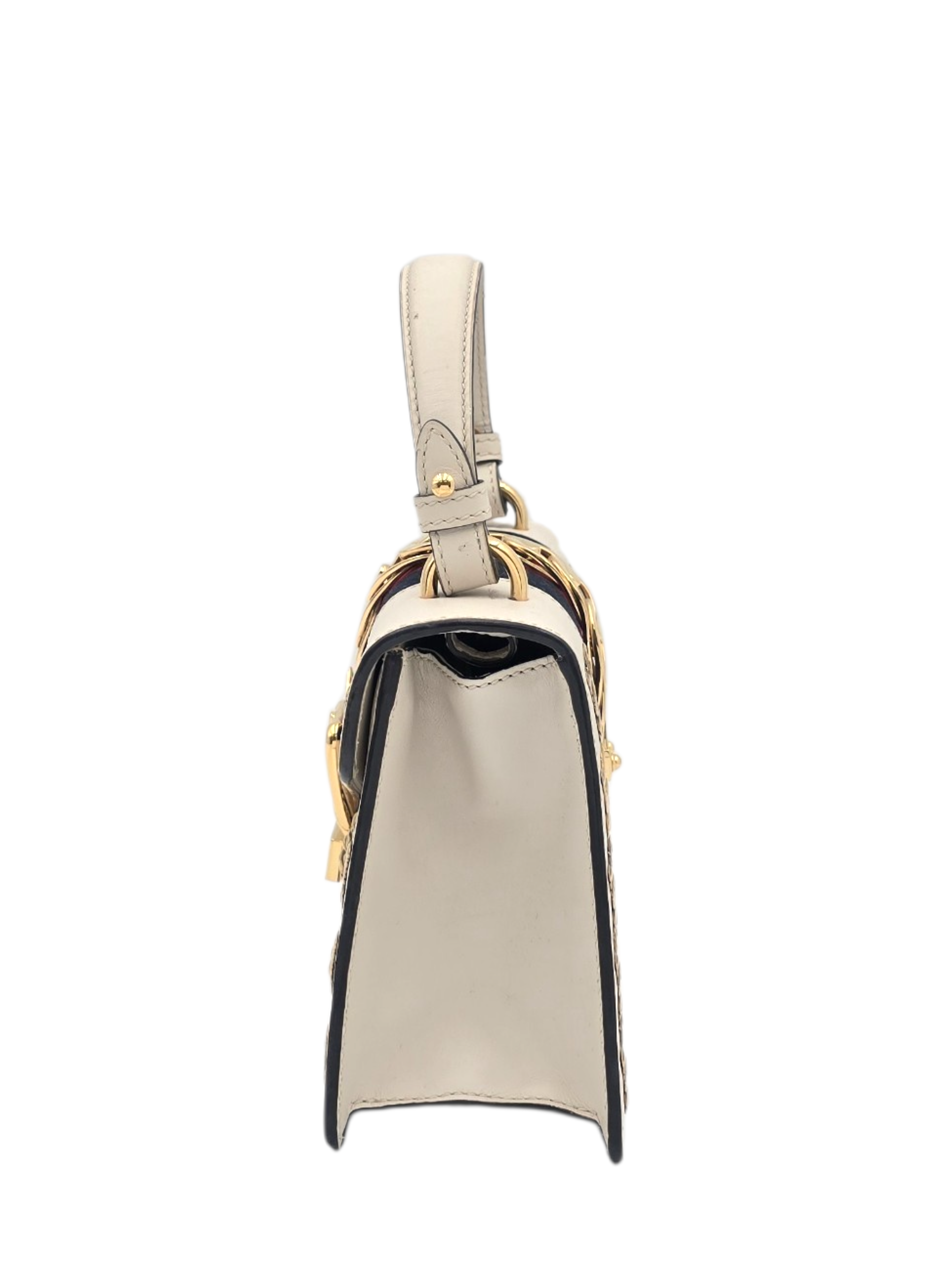 Animalier Sylvie Stud Embellished Mini White Top Handle Bag in Calfskin, Gold hardware