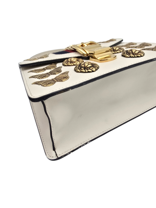 Animalier Sylvie Stud Embellished Mini White Top Handle Bag in Calfskin, Gold hardware