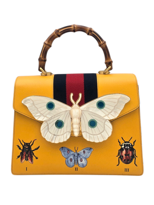 Falena Moth Bamboo Satchel Yellow Top Handle Bag in Calfskin, Brushed Gold hardware