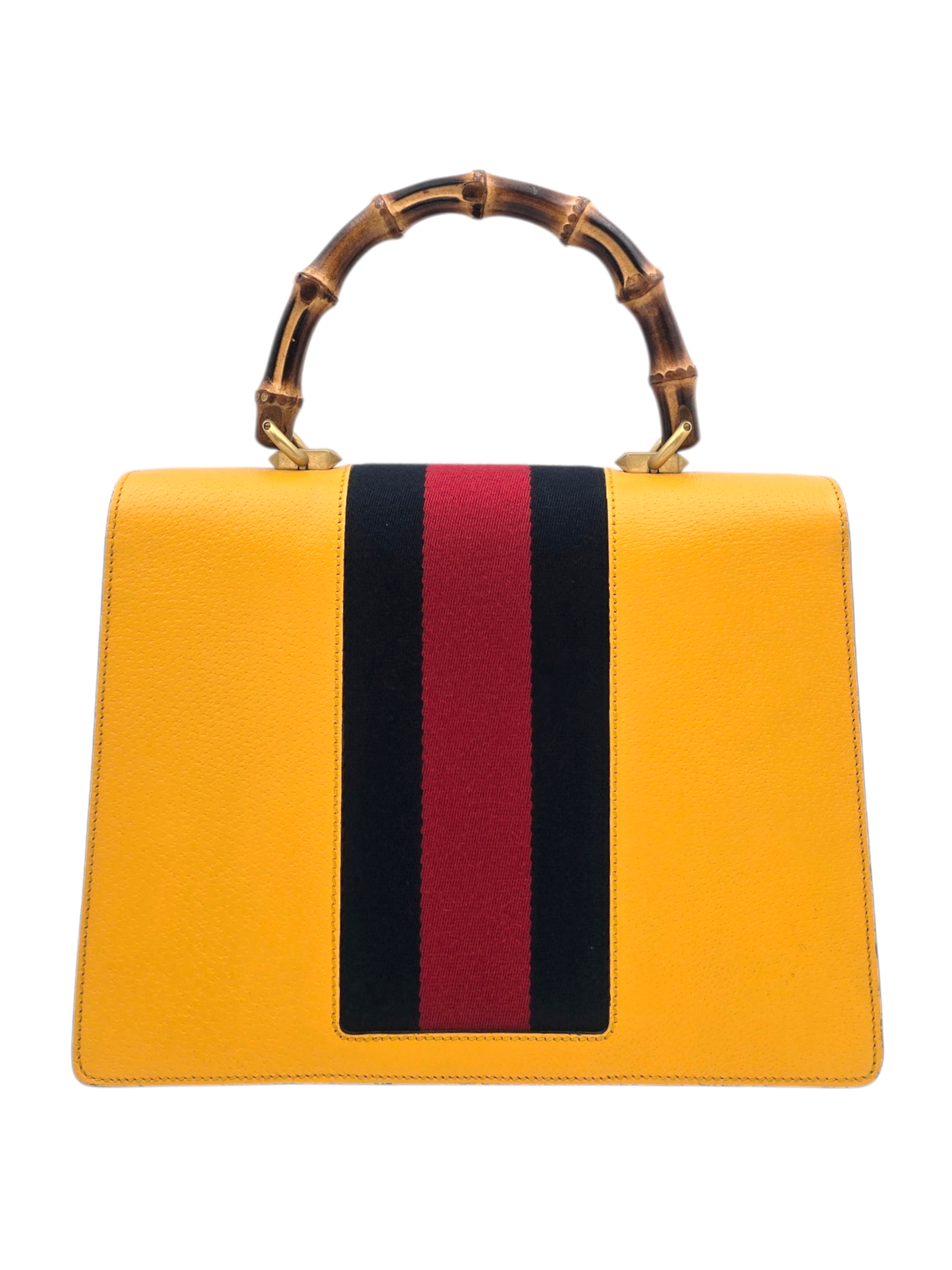Falena Moth Bamboo Satchel Yellow Top Handle Bag in Calfskin, Brushed Gold hardware