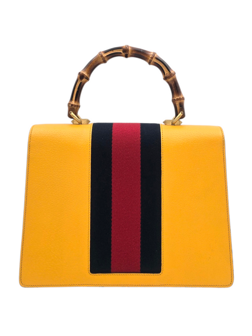 Falena Moth Bamboo Satchel Yellow Top Handle Bag in Calfskin, Brushed Gold hardware