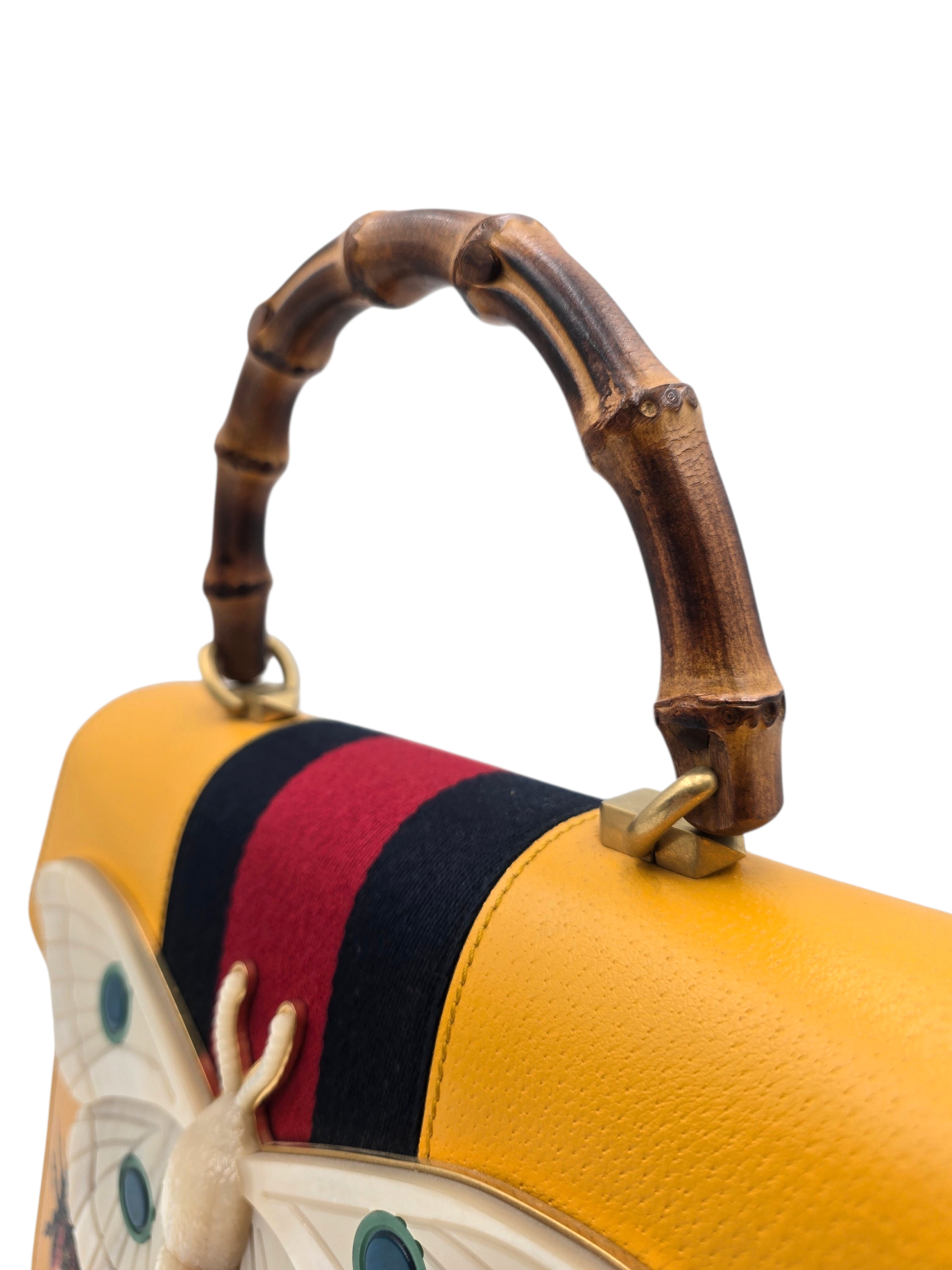Falena Moth Bamboo Satchel Yellow Top Handle Bag in Calfskin, Brushed Gold hardware