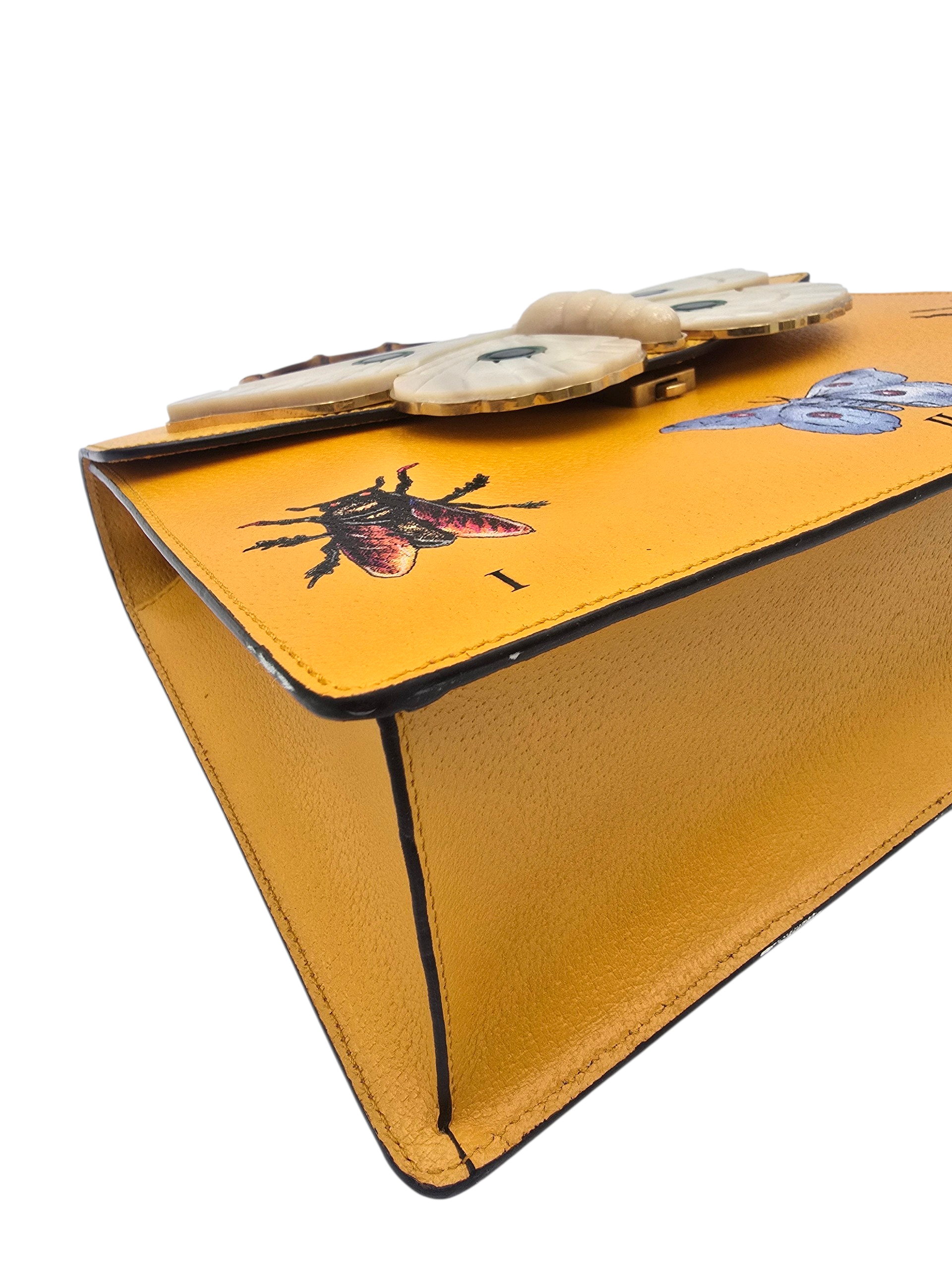 Falena Moth Bamboo Satchel Yellow Top Handle Bag in Calfskin, Brushed Gold hardware