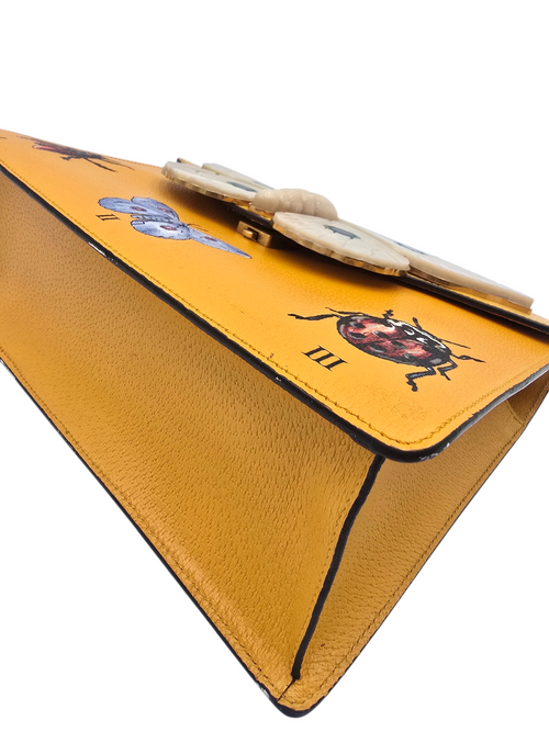 Falena Moth Bamboo Satchel Yellow Top Handle Bag in Calfskin, Brushed Gold hardware