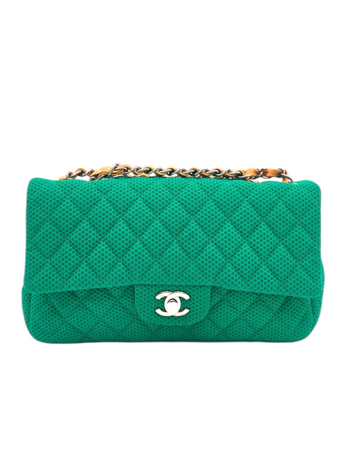 Classic Mesh Flap Medium Green Shoulder Bag in Jersey, Silver hardware