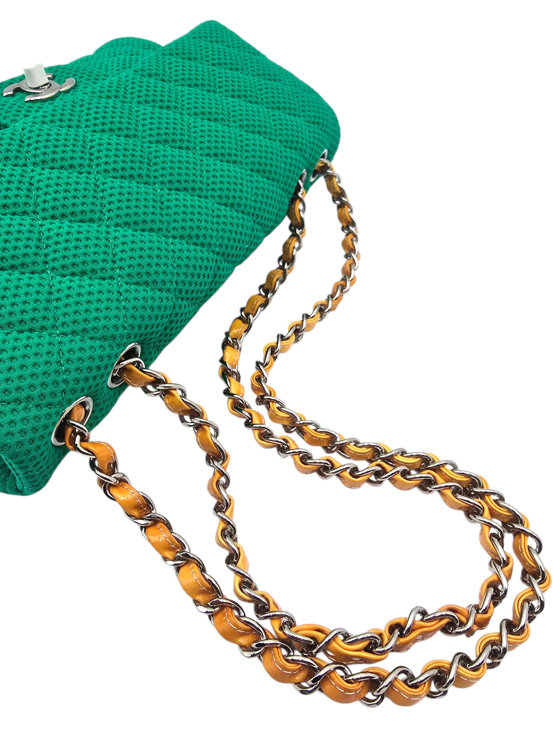 Classic Mesh Flap Medium Green Shoulder Bag in Jersey, Silver hardware