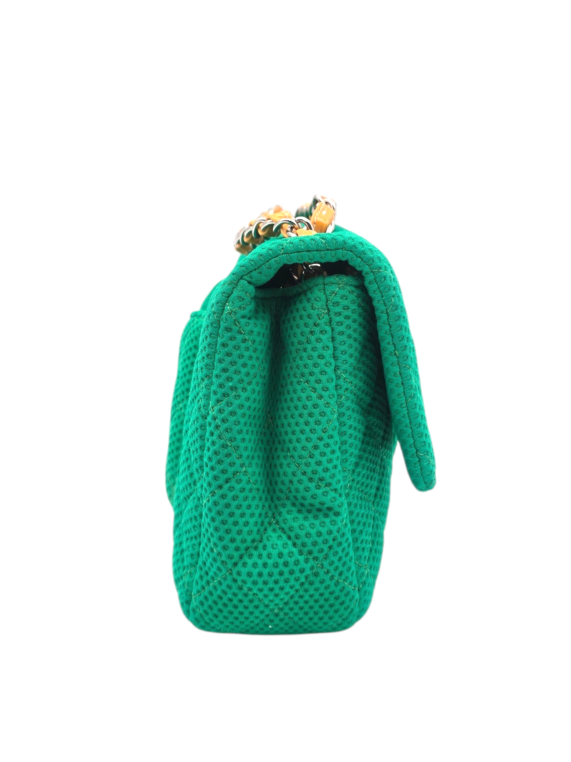 Classic Mesh Flap Medium Green Shoulder Bag in Jersey, Silver hardware