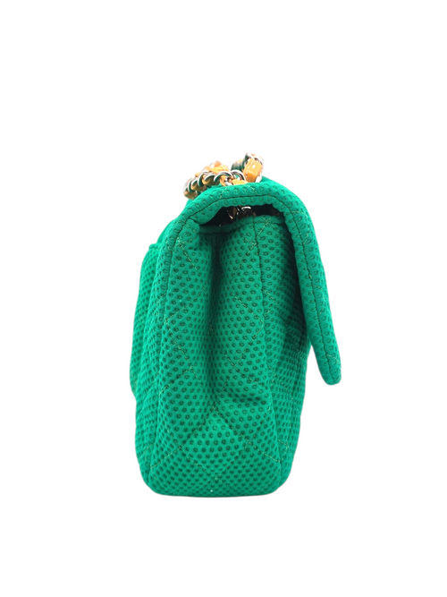 Classic Mesh Flap Medium Green Shoulder Bag in Jersey, Silver hardware