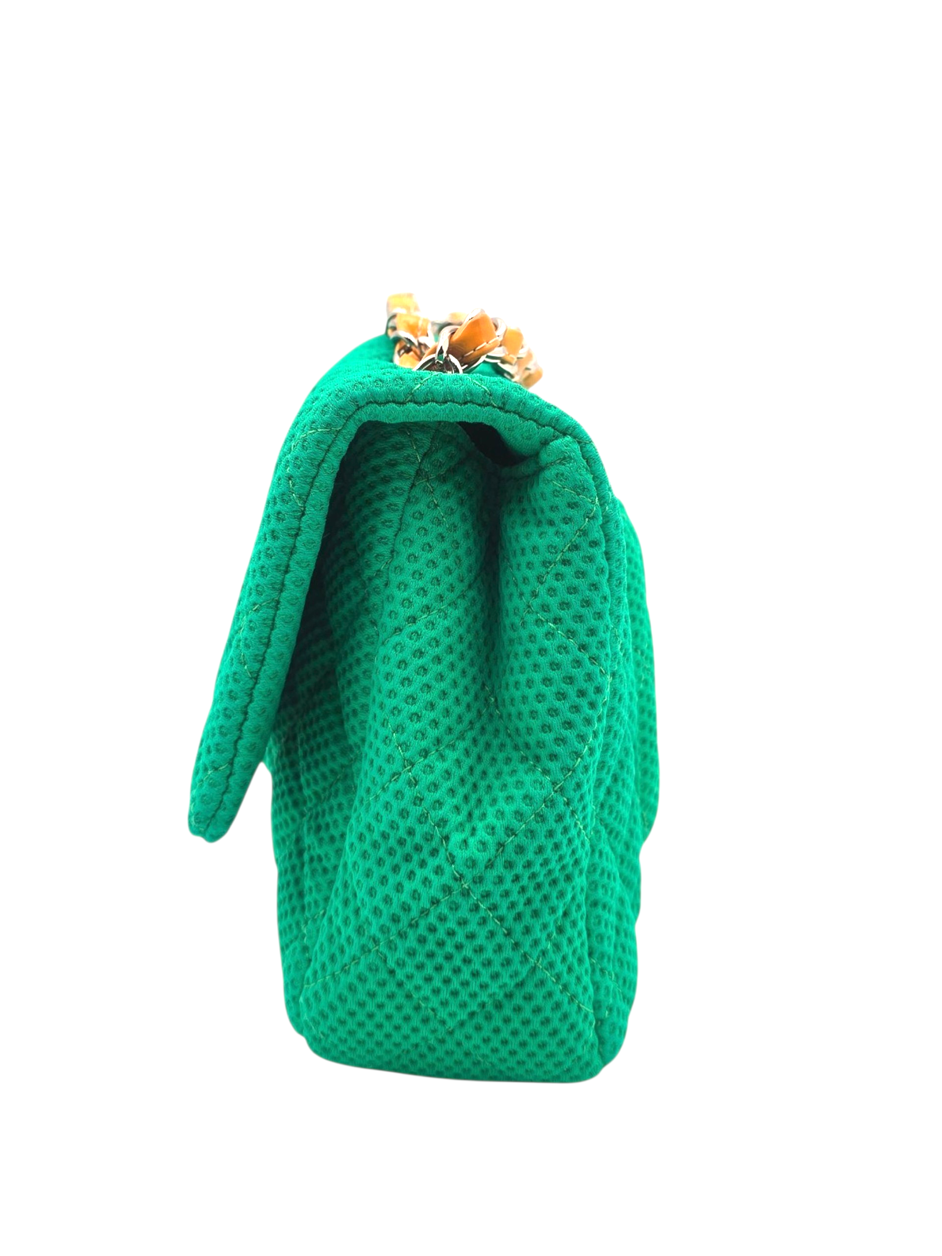 Classic Mesh Flap Medium Green Shoulder Bag in Jersey, Silver hardware
