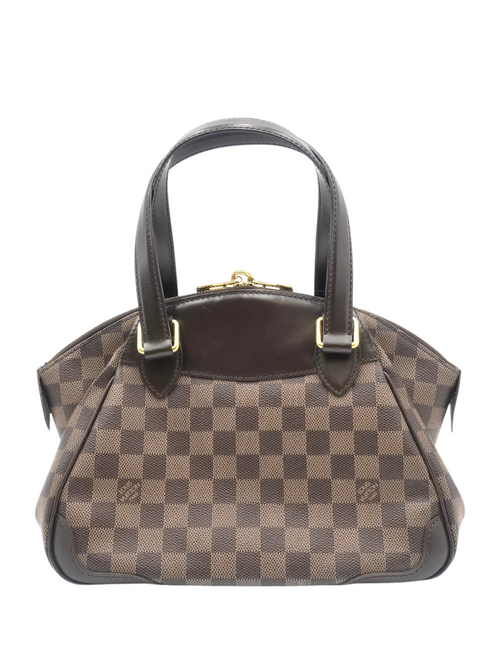 Verona PM Brown Top Handle Bag in Coated Canvas, Gold hardware