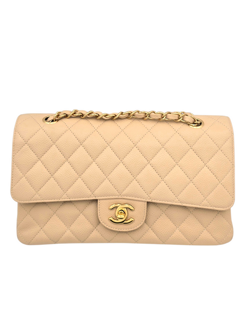 Classic Shoulder Bag Medium Beige in Caviar Leather, Gold hardware