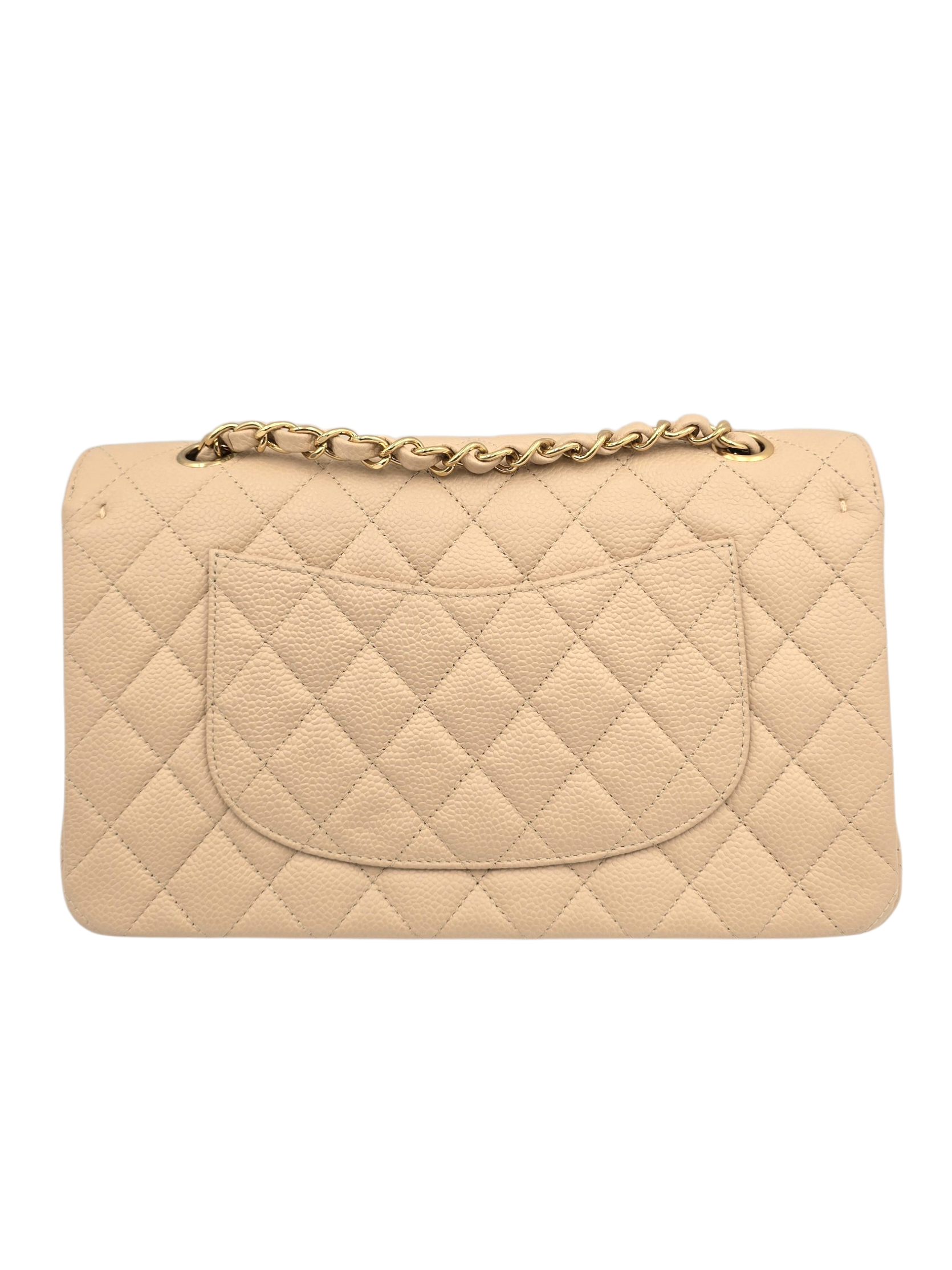 Classic Shoulder Bag Medium Beige in Caviar Leather, Gold hardware