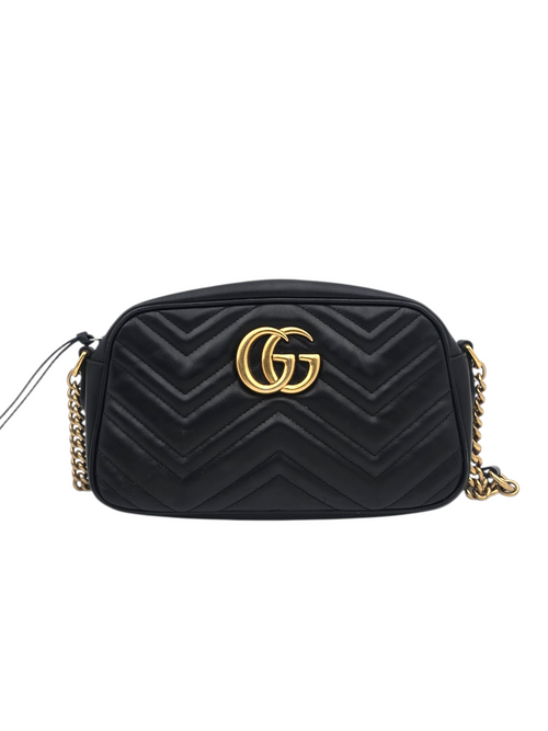 GG Marmont Small Black Crossbody Bag in Matelasse leather, Gold hardware