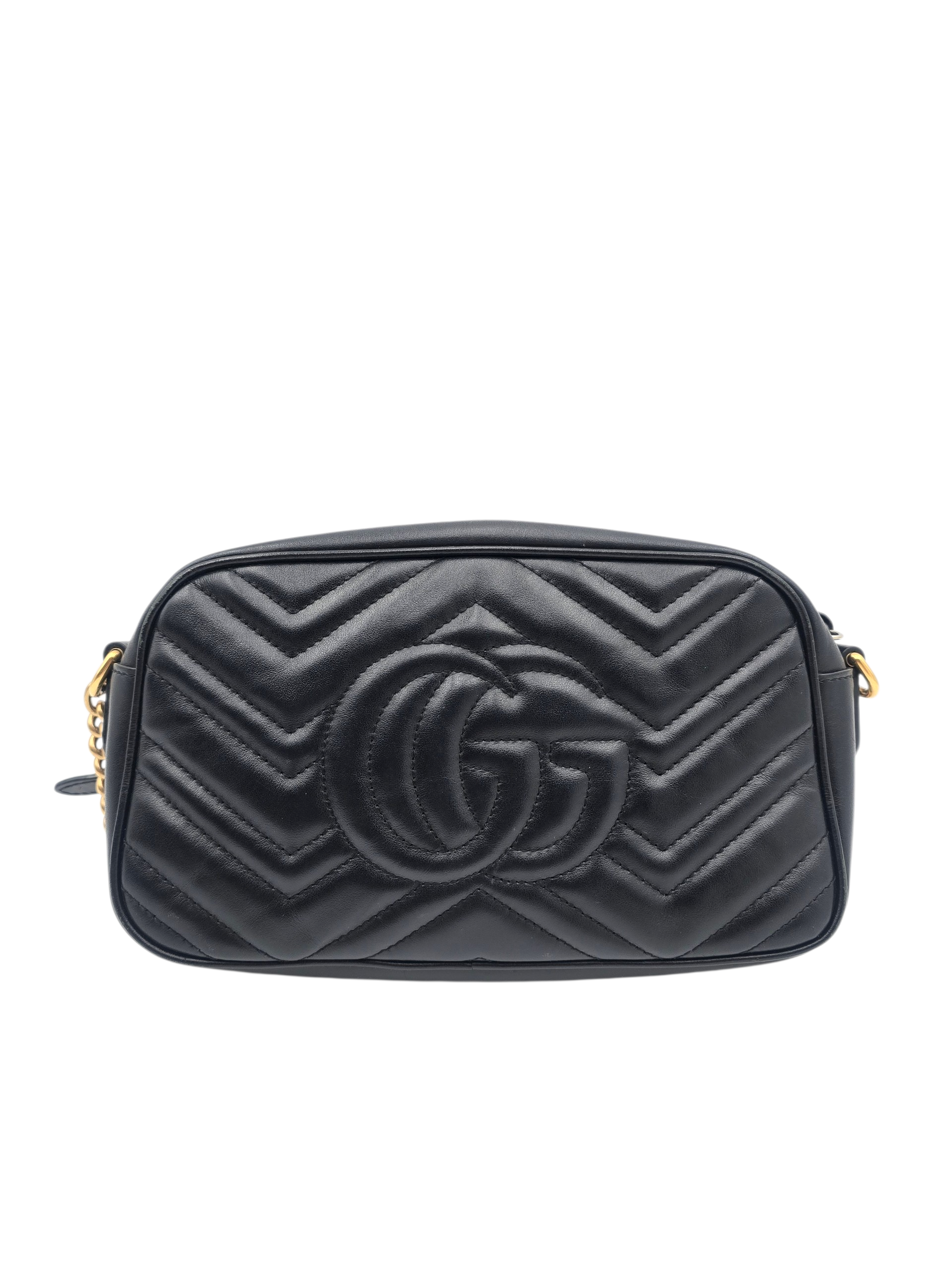 GG Marmont Small Black Crossbody Bag in Matelasse leather, Gold hardware