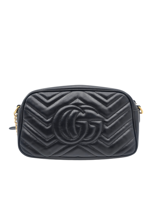 GG Marmont Small Black Crossbody Bag in Matelasse leather, Gold hardware