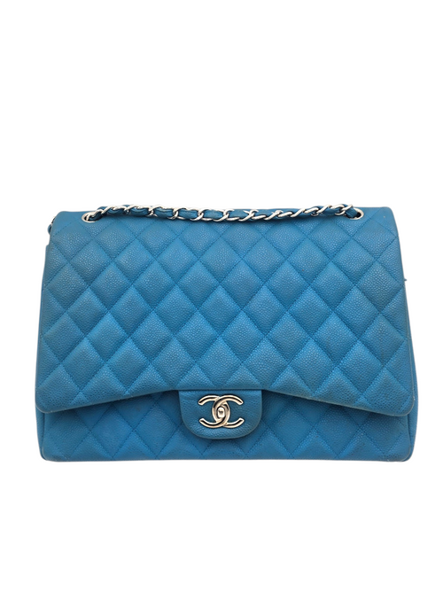 Classic Maxi Blue Shoulder Bag in Caviar Leather, Silver hardware