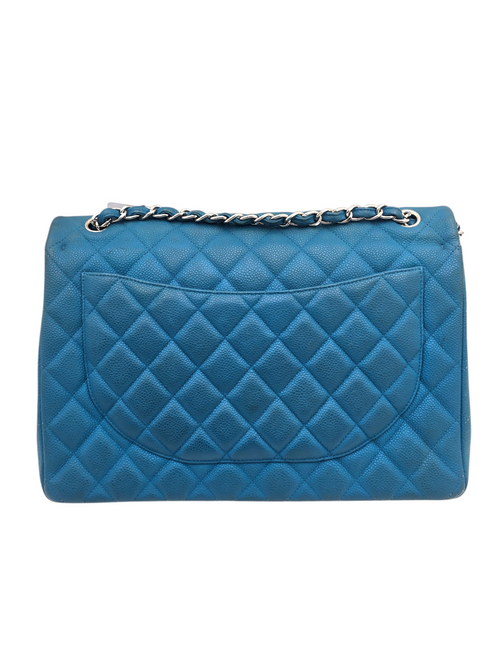 Classic Maxi Blue Shoulder Bag in Caviar Leather, Silver hardware