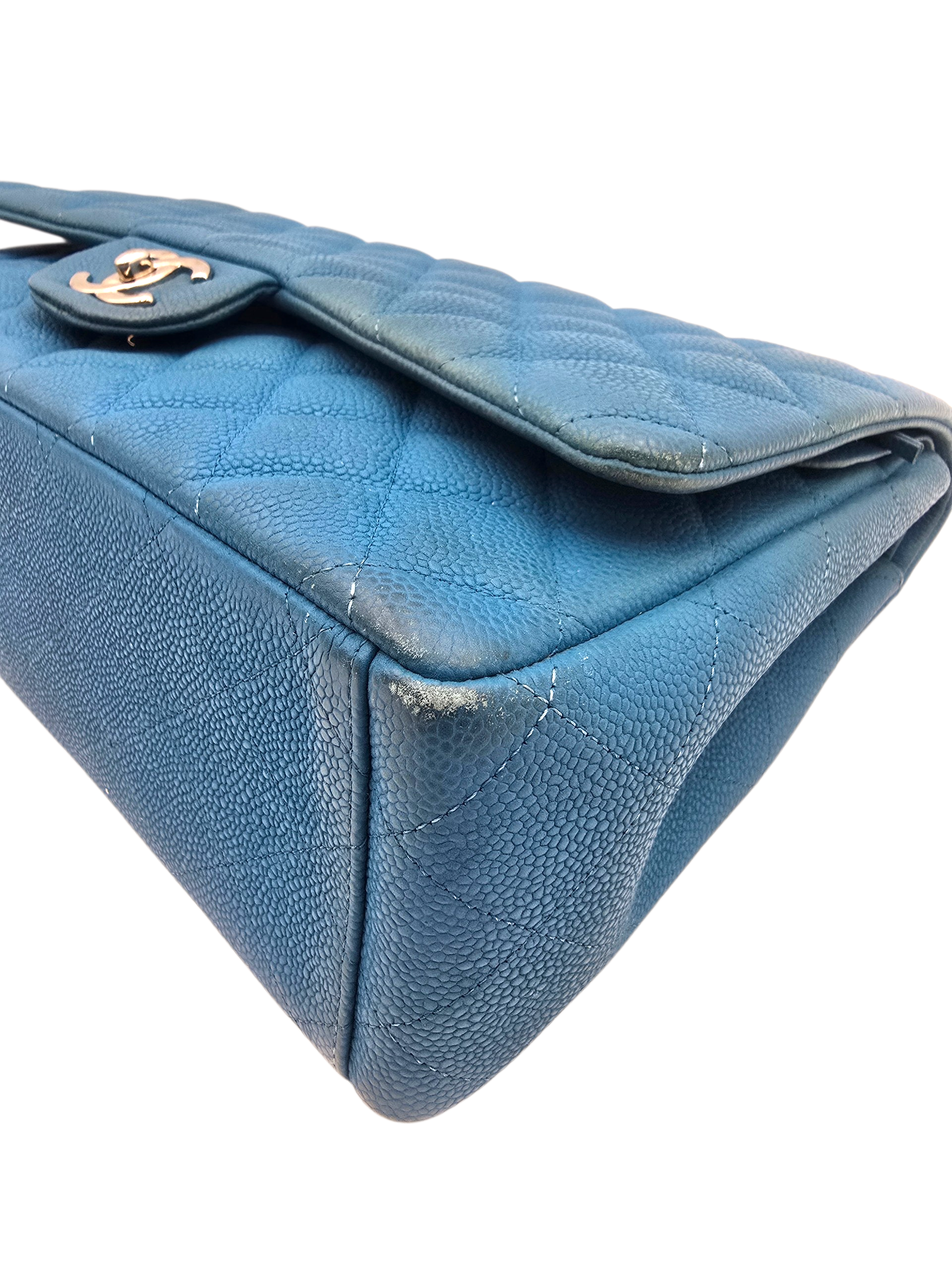 Classic Maxi Blue Shoulder Bag in Caviar Leather, Silver hardware