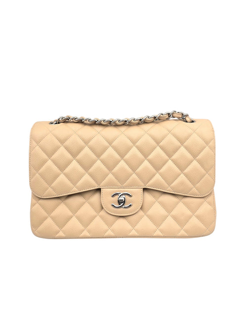 Classic Shoulder Bag Jumbo Beige in Caviar Leather, Silver hardware