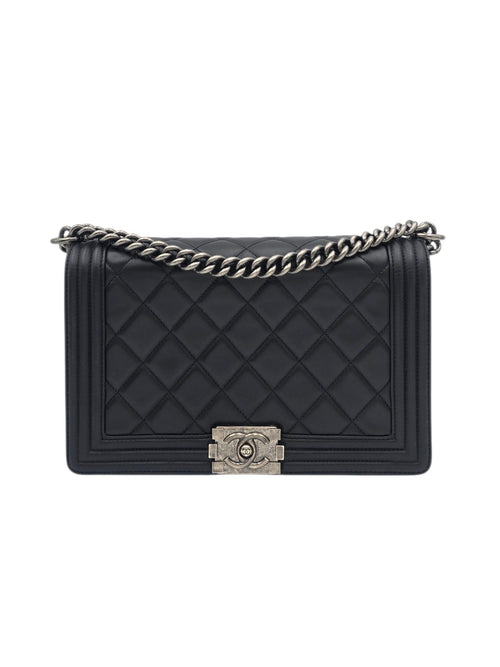 Boy Large Black Shoulder Bag in Calfskin, Ruthenium hardware