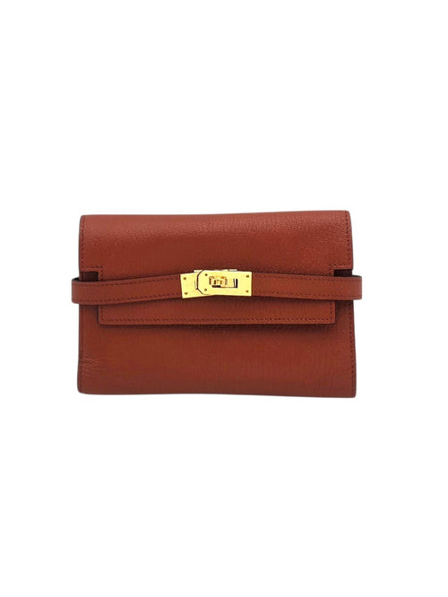 Kelly Brown Wallet in Calfskin, Gold hardware