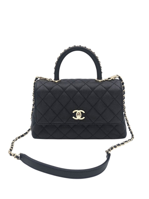 Coco Handle Quilted Small Black Shoulder Bag in Caviar Leather, Gold hardware
