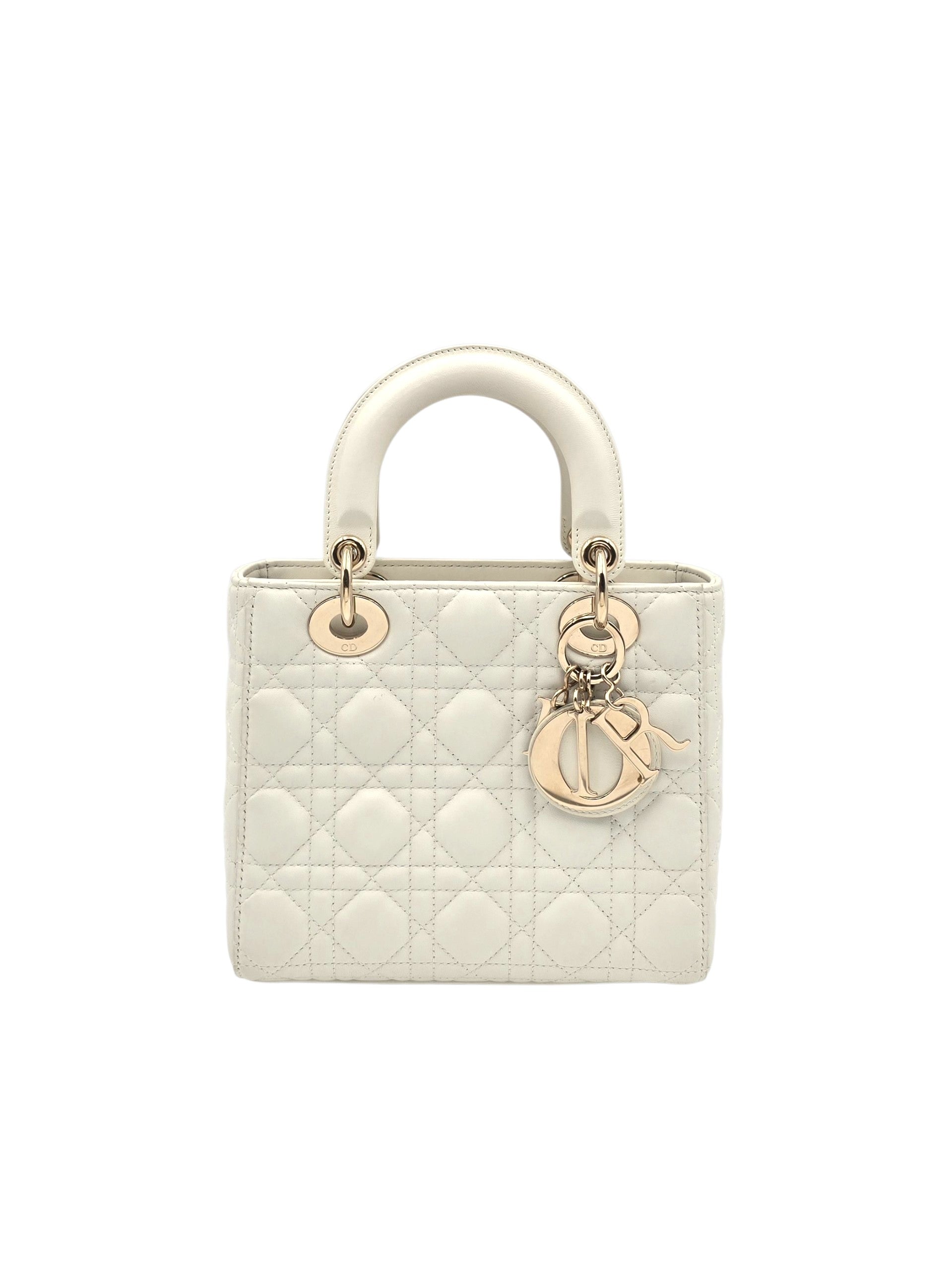 Lady Dior Small White Shoulder Bag in Lambskin, Gold hardware