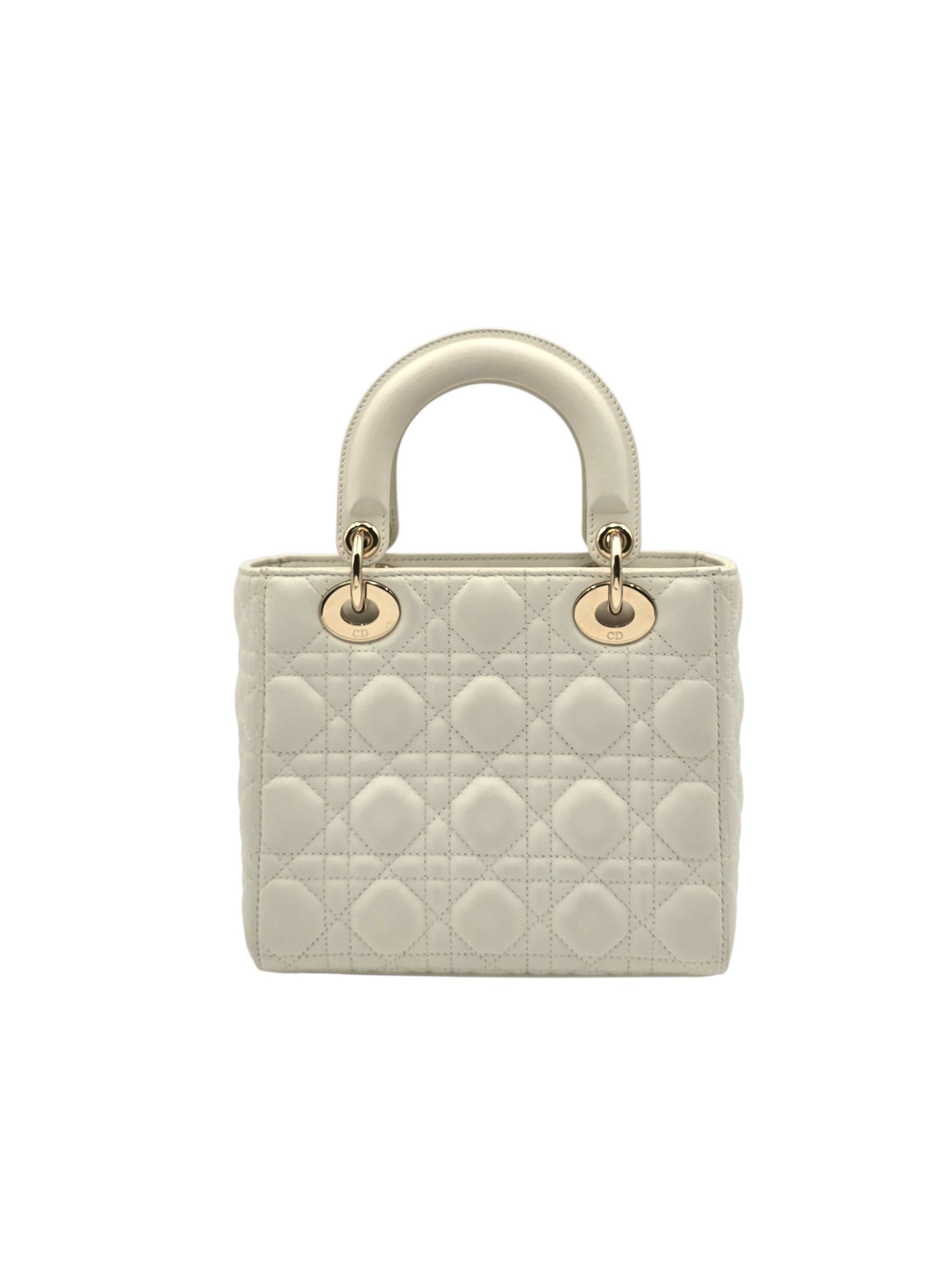 Lady Dior Small White Shoulder Bag in Lambskin, Gold hardware
