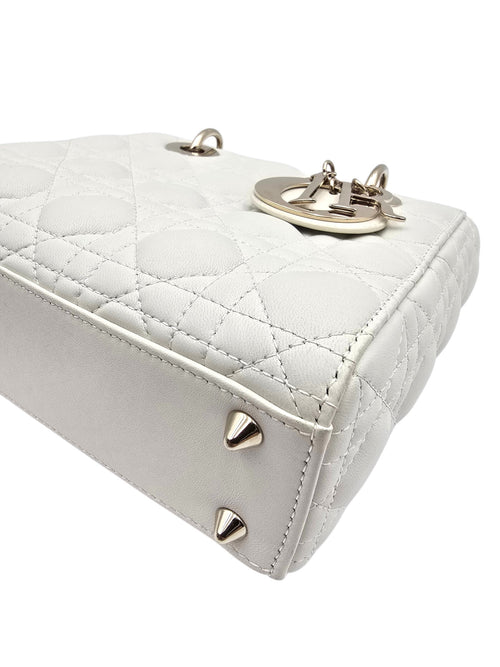 Lady Dior Small White Shoulder Bag in Lambskin, Gold hardware