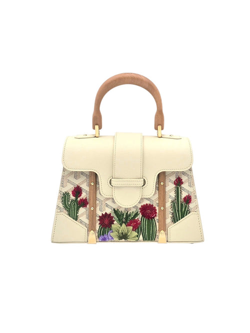 Saigon Structured Mini White Top Handle Bag in Canvas, Gold hardware