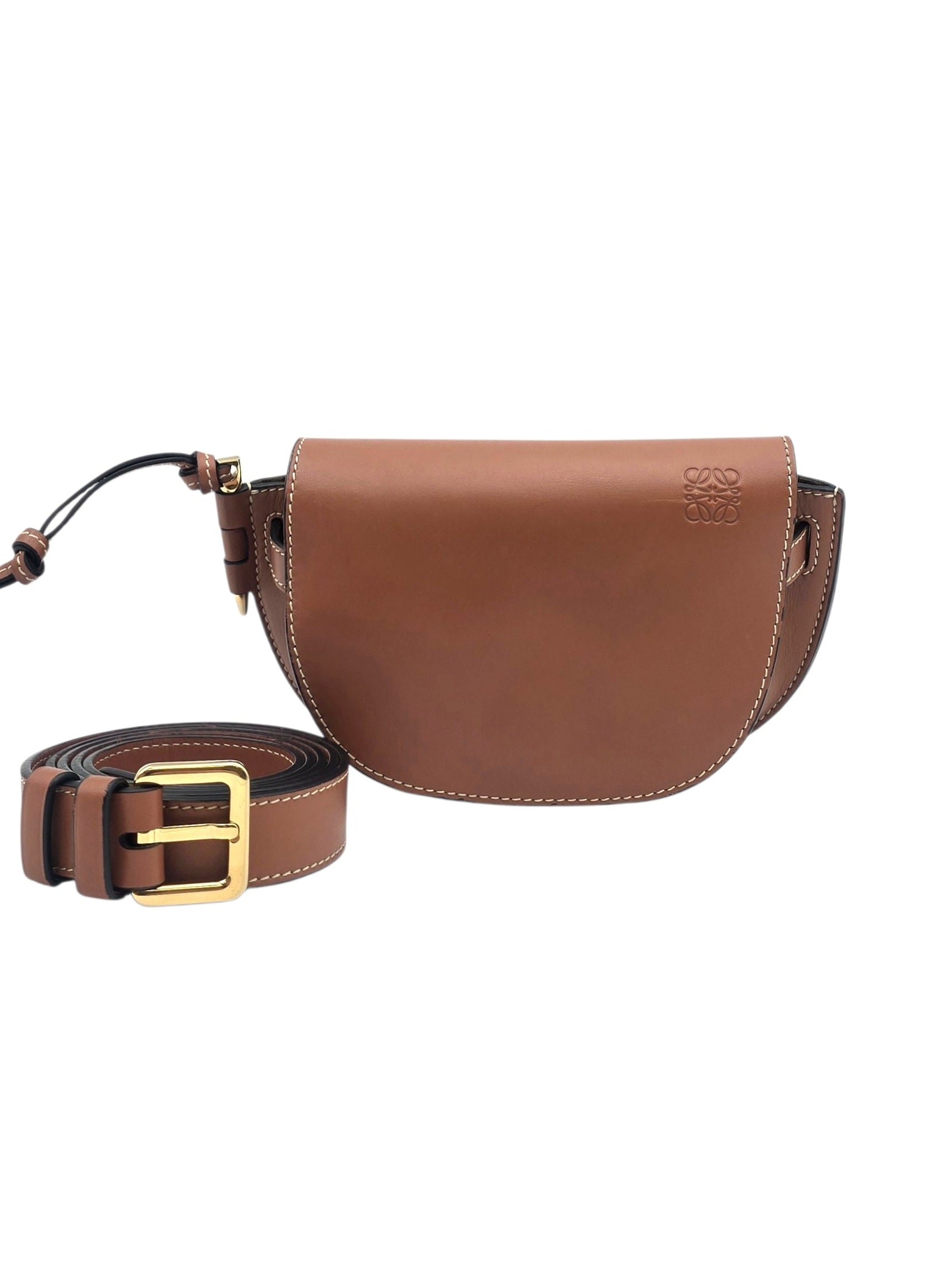 Gate Dual Mini Brown Shoulder Bag in Calfskin, Gold hardware