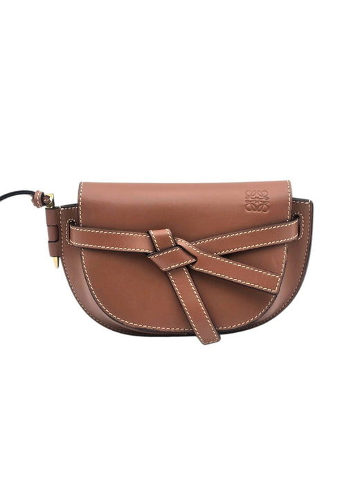 Gate Dual Mini Brown Belt Bag in Calfskin, Gold hardware